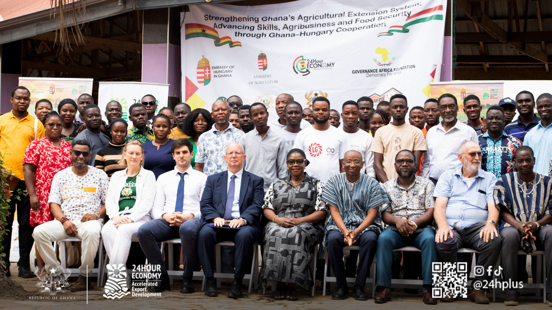 Group photograph of representatives from the 24-Hour Economy Secretariat, Governance Africa Foundation, the Embassy of Hungary in Accra, and participants at the opening of the Ghana-Hungary Agricultural Extension Capacity Building Programme at Alexis Hotel.